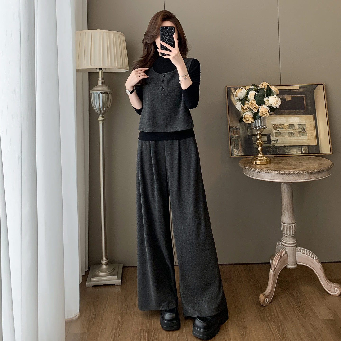 休闲上衣阔腿裤三件套