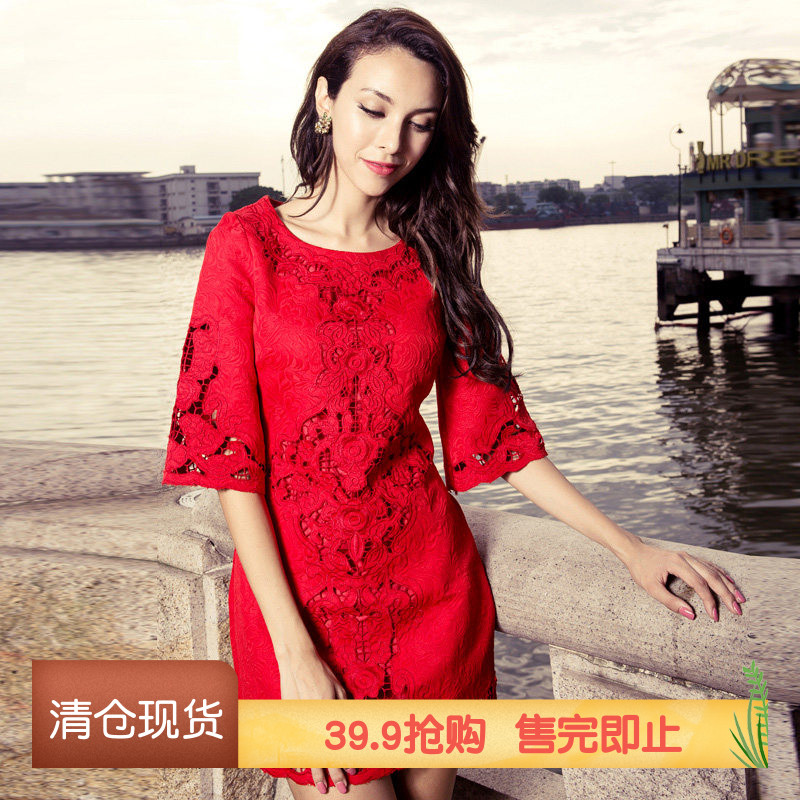 女装大码红色礼服连衣裙图片