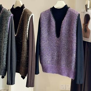 两件套上衣女装2026新款春秋季背心马甲叠穿打底衫亮片针织套装