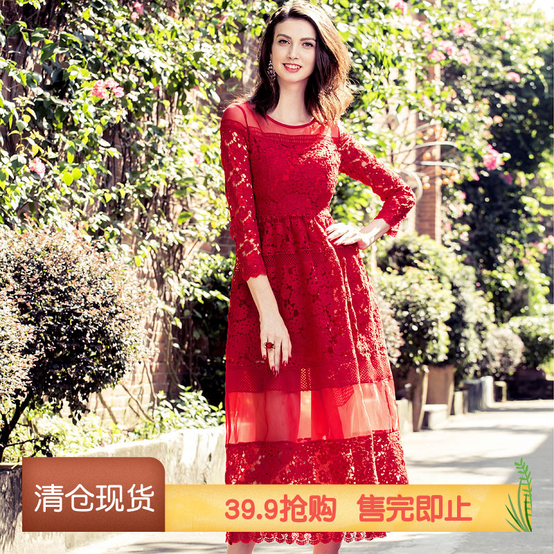 欧根纱刺绣红色蕾丝礼服图片