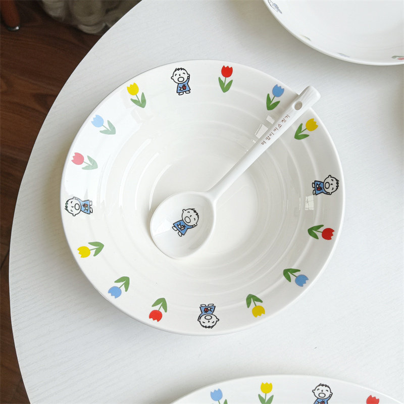 大口仔卡通陶瓷盘子碗套装家用汤盘饭盘餐盘斗笠碗嗦粉面碗喝汤勺,餐饮具,盘,淘宝优惠券,粉丝福利购,淘宝优惠卷