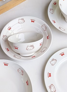 卡通图案红KT英文陶瓷餐具套装平盘汤盘宿舍家用高颜值米饭碗勺子