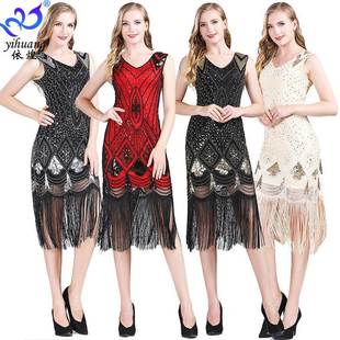 1920复古亮片裙连衣裙双V领亮片流苏裙大码 聚会舞裙表演服小礼服
