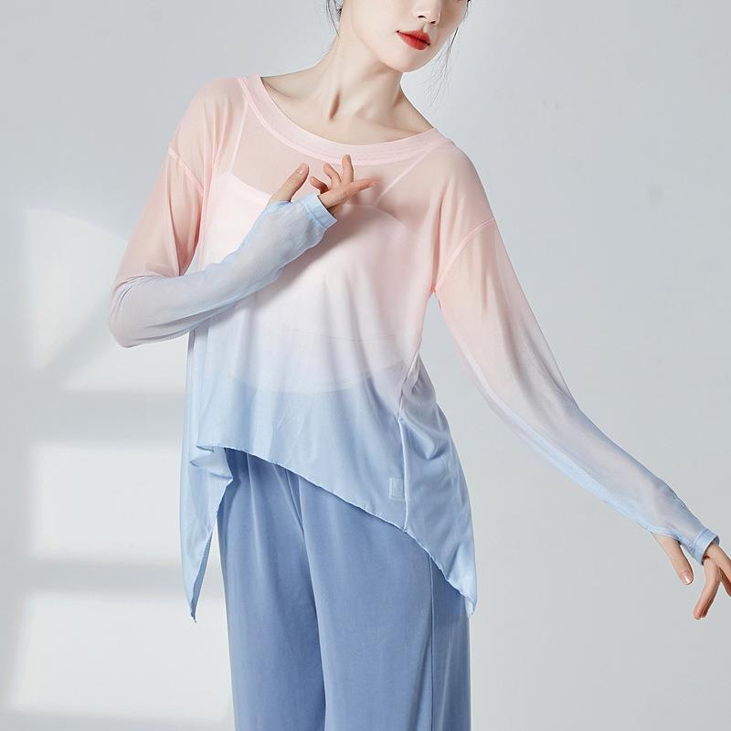 古典舞纱衣飘逸开叉渐变网纱上衣中国舞蹈练功服女演出身韵服成人