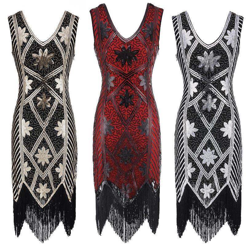 1920重工双面花朵钉珠V领大码流苏连衣裙礼服裙复古风