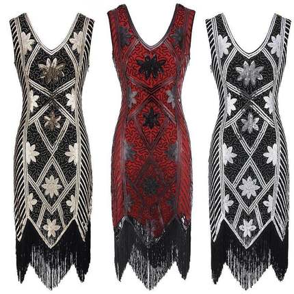 1920重工双面花朵钉珠V领大码流苏连衣裙礼服裙复古风