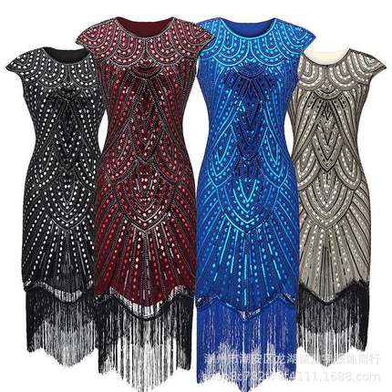 短袖亮片钉珠连衣裙1920复古流苏礼服裙宴会舞裙