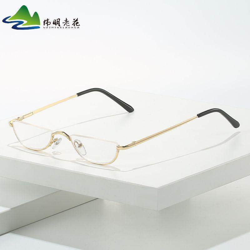 跨境半框上吊丝老花眼镜 厂家批发异形半圆金属弹簧腿老人阅读镜