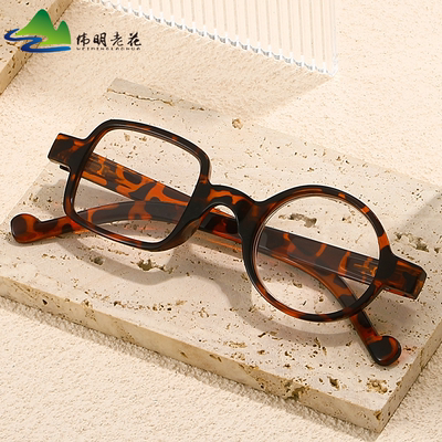 复古左圆右方弹簧腿老花镜代发异形平光文艺范装饰镜A片阅读镜