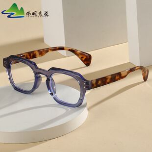 跨境厚粗框仿板材弹簧腿男女老人阅读镜 质感文艺PC防蓝光老花镜