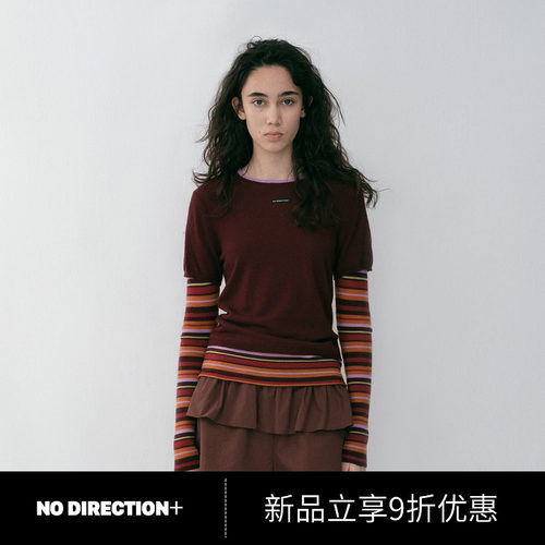 NO DIRECTION+纯羊毛假两件撞色条纹羊毛针织衫N610107620A54