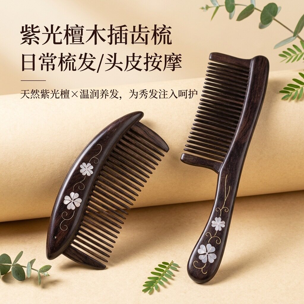 紫光檀木梳四叶花插齿镶嵌工艺梳家用宽齿檀木中国风礼品梳子礼物