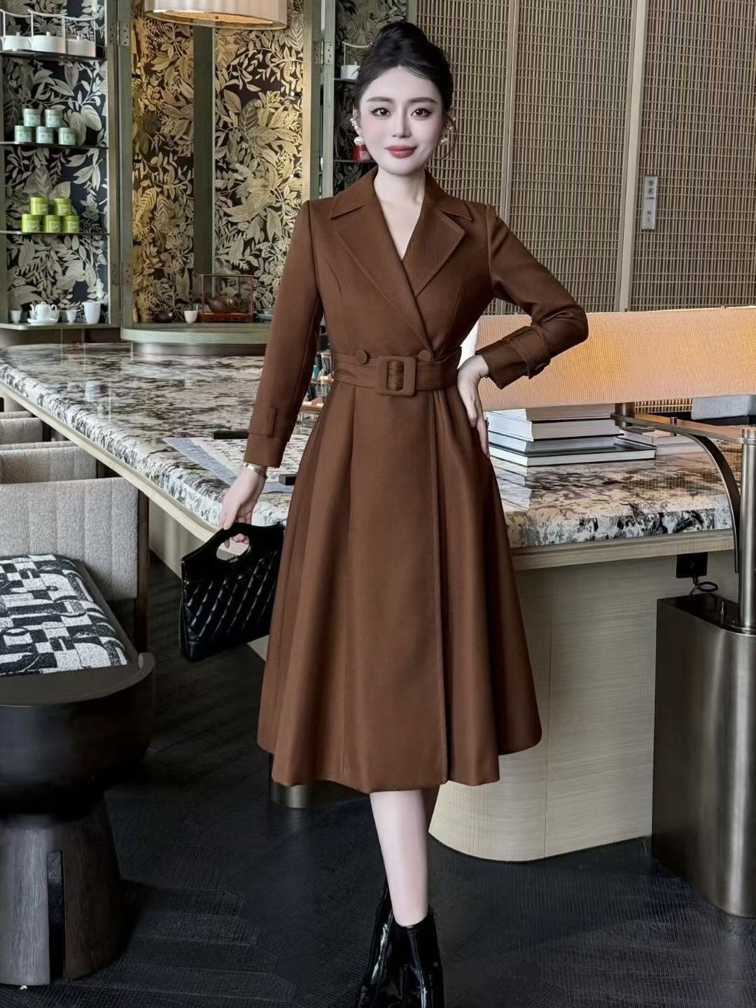 西装领风衣连衣裙高级感束腰带气质百搭显瘦新款秋冬A字外套裙子