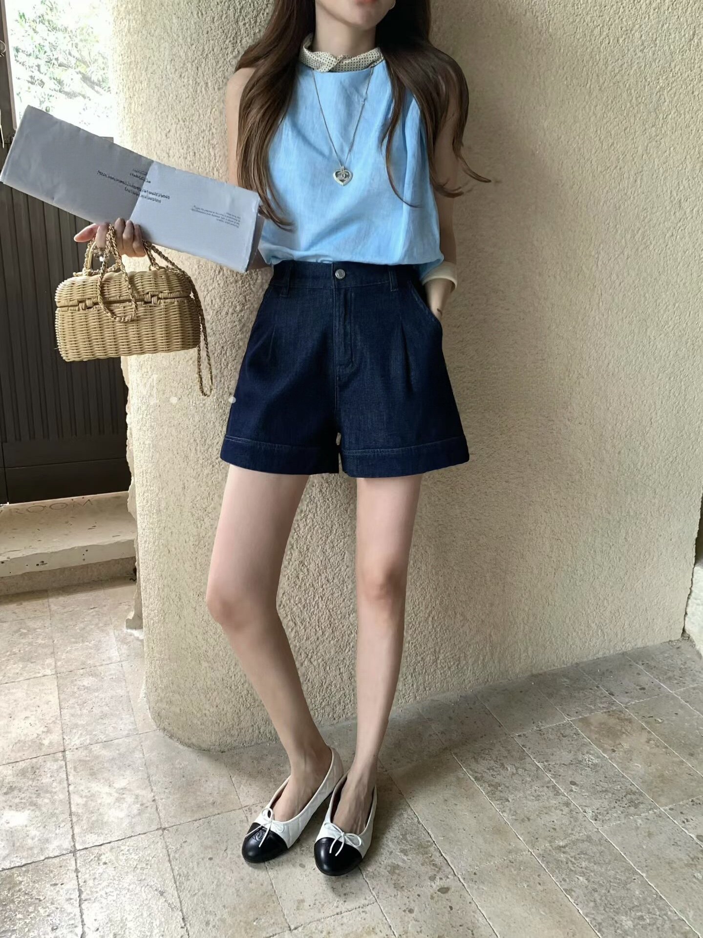 南油高腰牛仔裤短裤女夏季2026年薄款四面弹松紧腰深蓝色休闲裤