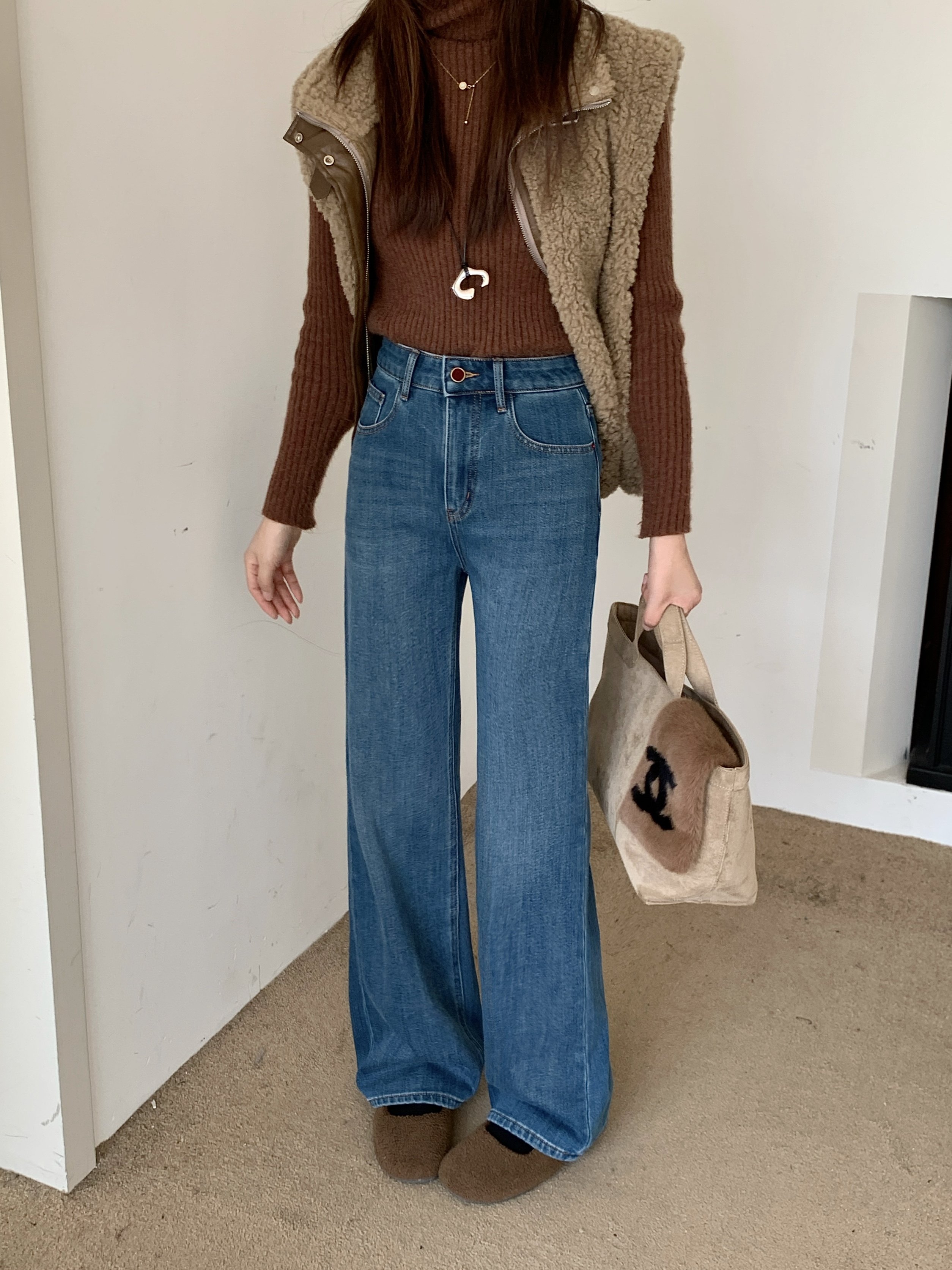 南油四面弹力植绒直筒牛仔裤女55181冬季新款显瘦高级阔腿拖地裤,女装/女士精品,牛仔裤,淘宝优惠券,粉丝福利购,淘宝优惠卷