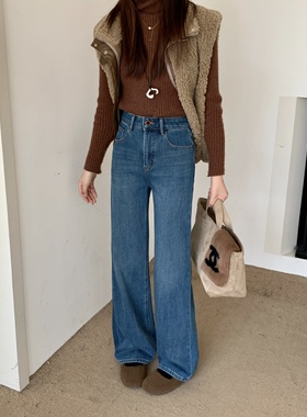 南油四面弹力植绒直筒牛仔裤女55181冬季新款显瘦高级阔腿拖地裤