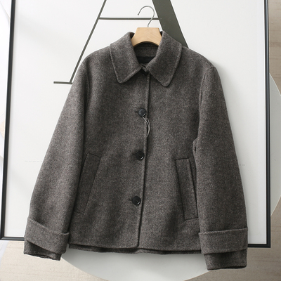 走西班牙原单~羊毛混斜条纹插肩袖廓形双面呢大衣短款毛呢外套女