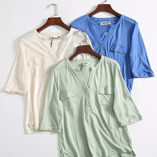 出口单 亚麻透气排汗女士百搭V领两穿袖透气舒适上衣宽松简洁T
