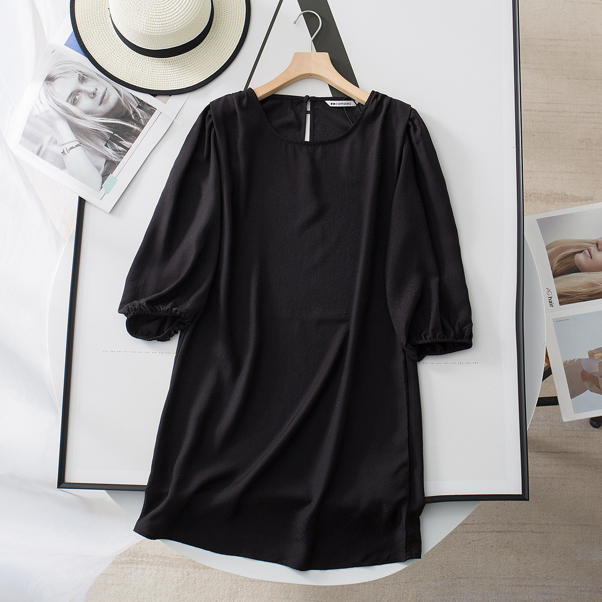 高级感暗花纹黑色连衣裙 外贸女装 夏简约气质直筒圆领泡泡袖中裙