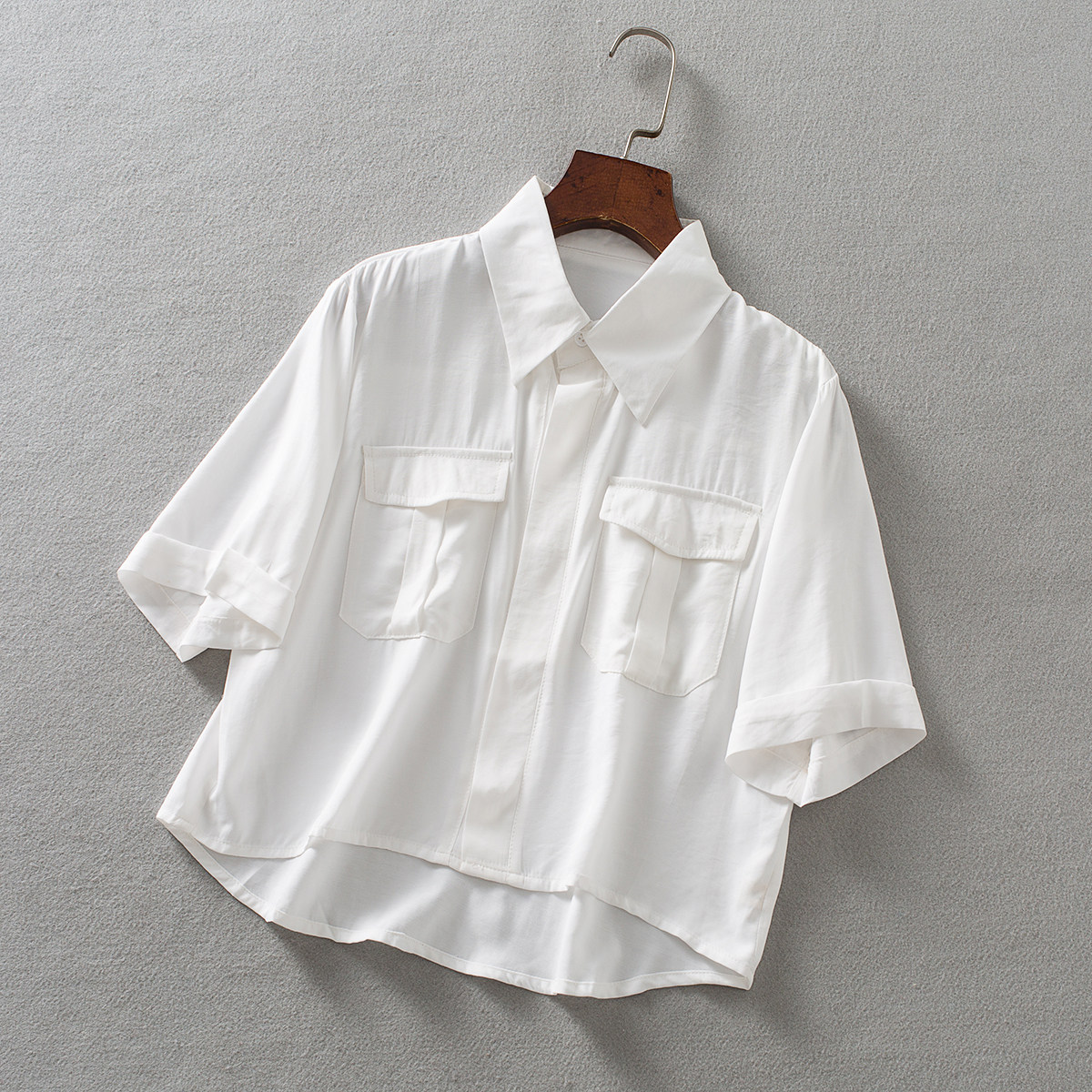 款式韩版短款衬衫  夏新款双口袋简约帅气工装上衣女