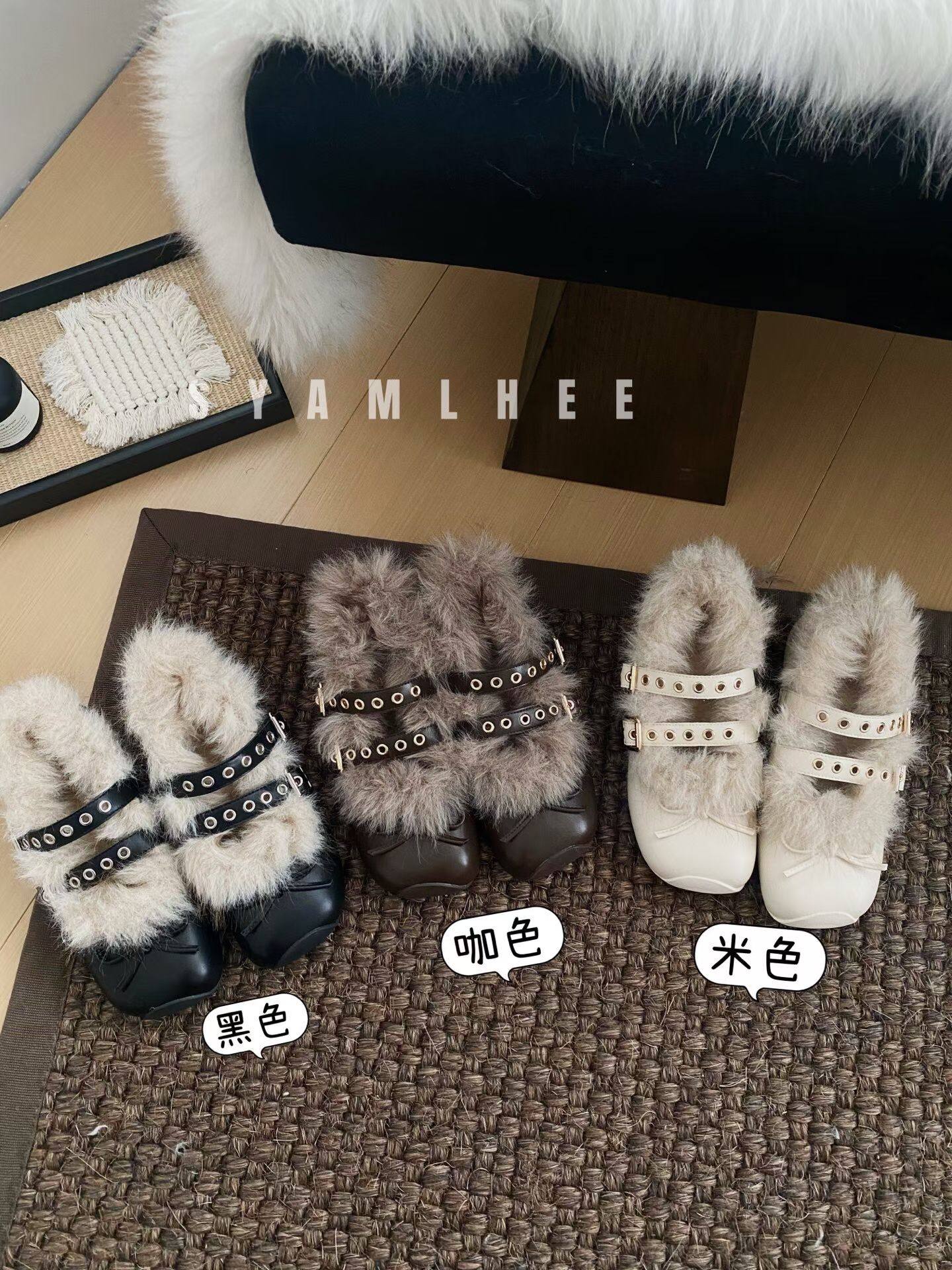 韩式毛毛玛丽珍鞋女款冬季新款小众设计一字扣小皮鞋加绒保暖单鞋