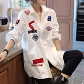 女韩版 白纯棉衬衫 上衣宽松设计感小众刺绣衬衣 中长款 2025春秋新款