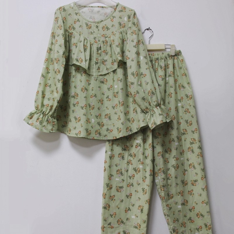 纯棉纱布防走光套装胸前V型荷叶边防凸点睡衣显瘦遮胸家居服女秋