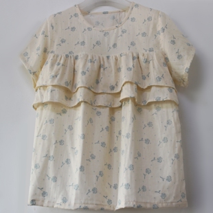 纯棉纱布防走光上衣胸前双层荷叶边防凸点睡衣棉纱遮胸家居服女秋