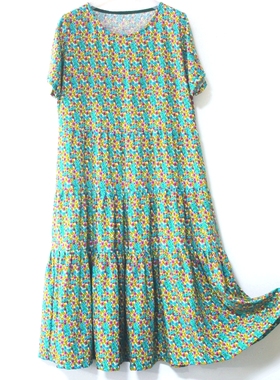 佰汇福棉绸连衣裙碎花高端绵绸夏季蛋糕裙夏女外穿年轻人短袖A版