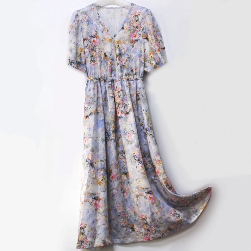 佰汇福真丝棉绸短袖连衣裙女时尚V领抽绳腰带口袋长款丝戴尔宽松