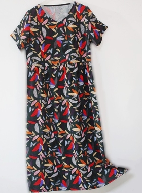 V领真丝棉绸连衣裙碎花高端油画绵绸宽松长款加大码200斤外穿夏女