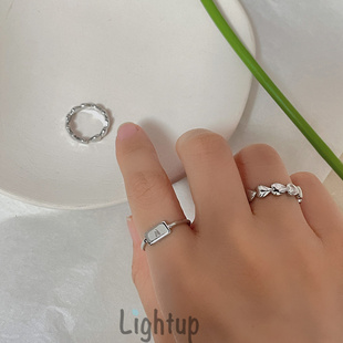 银色素圈开口戒指小众设计高级感食指戒韩版爱心叠戴可调节