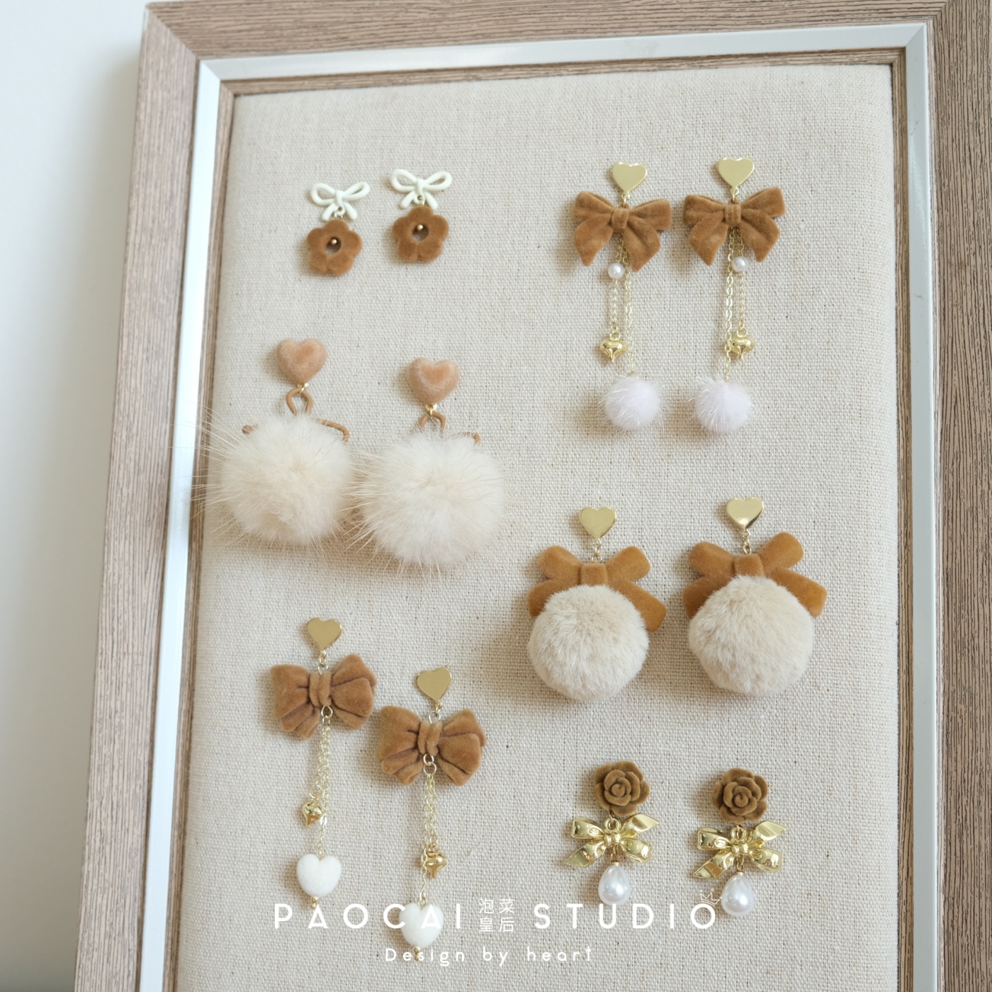 原创秋冬焦糖色蝴蝶结耳饰甜美少女温柔气质百搭水貂毛球耳钉耳夹