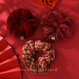 原创新年红色招财纳福醒狮大肠发圈发绳秋冬头绳女款 扎头发发饰品