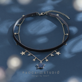 原创双层丝绒叠戴星星锁骨链甜酷辣妹颈链设计感choker 湛蓝星辰