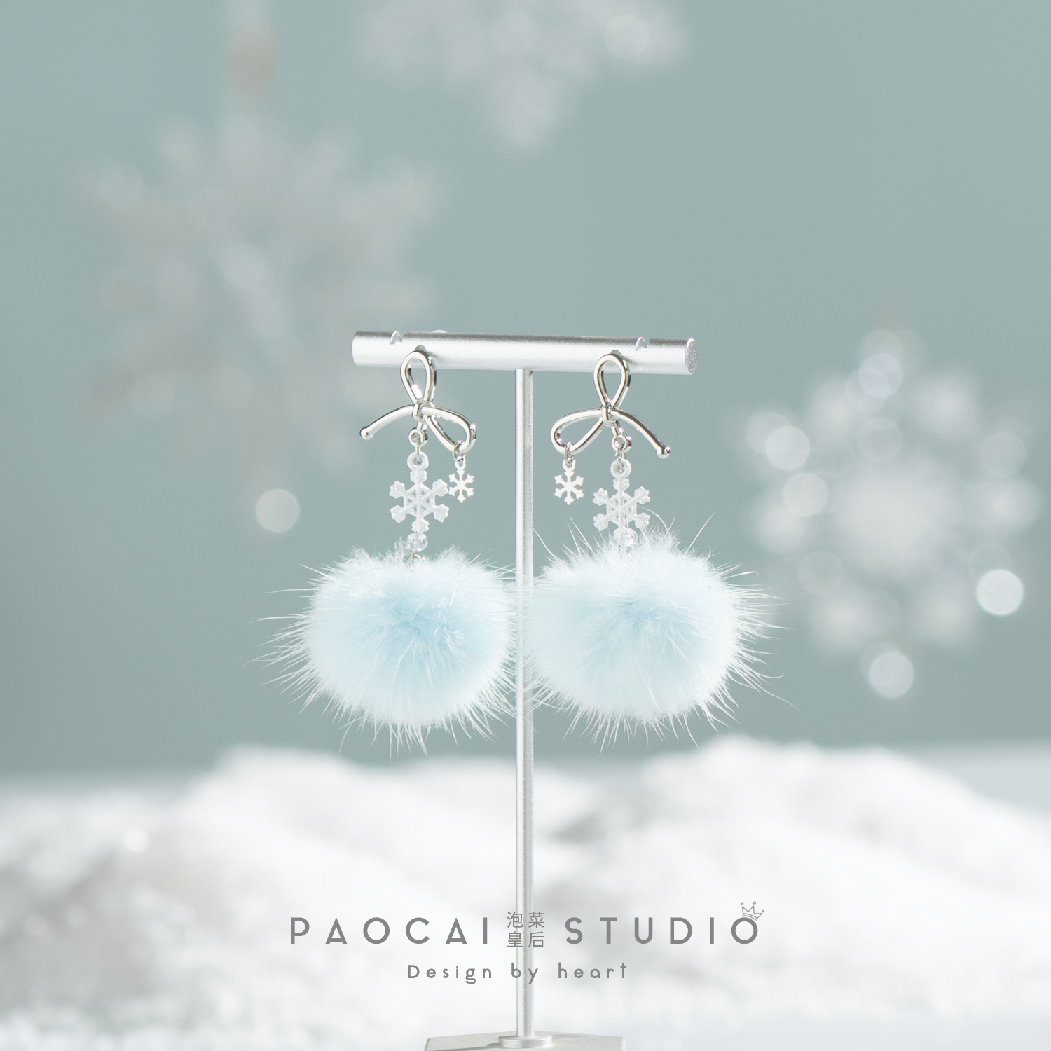 又见雪落 原创秋冬雪花水貂毛球耳环气质耳钉小众设计高级感耳夹