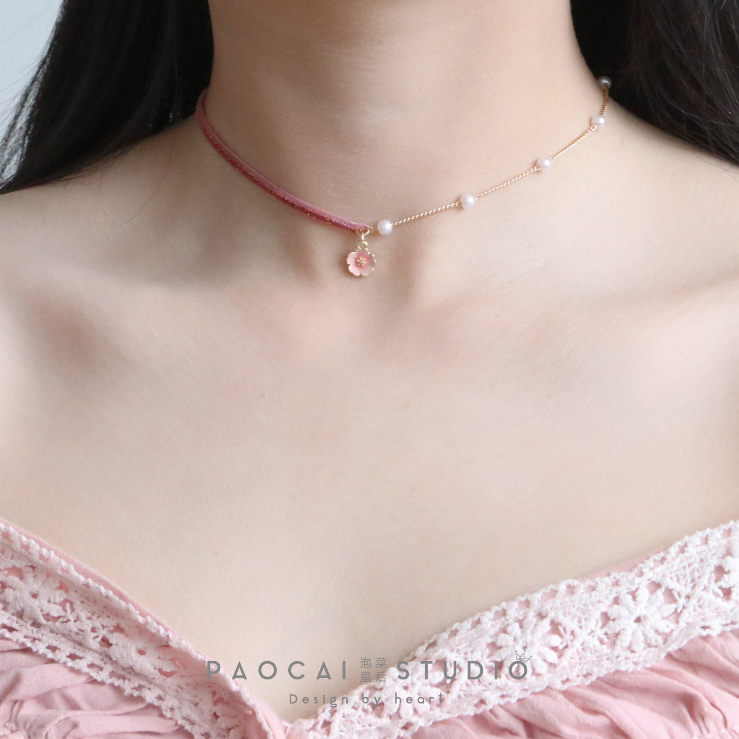《樱花季》日系甜美少女心珍珠链脖子饰品颈带锁骨链颈链女choker