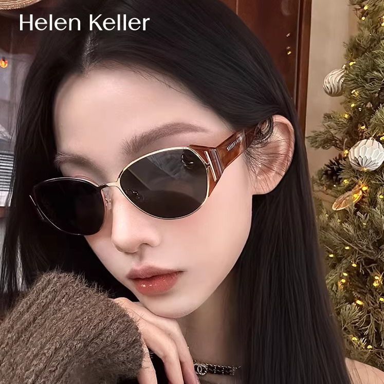 【薯薯镜】海伦凯勒新款猫眼圆框潮流太阳镜百搭俏皮墨镜女HK909