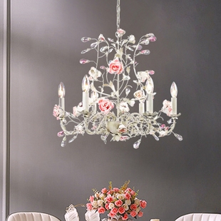SY浪漫粉紫公主水晶花朵吊灯欧法式 田园奶油风女孩房间公主卧室灯