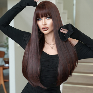 7jhhwigs红棕色长直假发女士欧美日常使用齐刘海合成假发头套