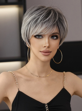 wig欧美假发全头套女仿真人发丝假发套短发白金挑黑女士发型自然