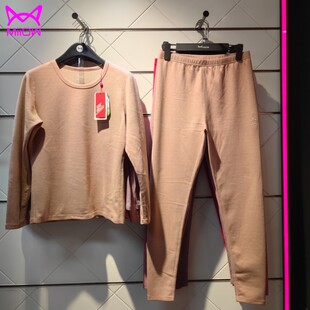 猫人女士秋冬季保暖内衣中厚无绒羊毛蚕丝舒绒圆领发热纤维套装