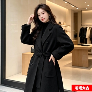 赫本风秋冬新款呢子大衣女秋冬气质中长款宽松时尚修身毛呢外套潮