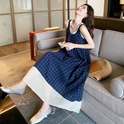 海边度假休闲复古格子无袖连衣裙