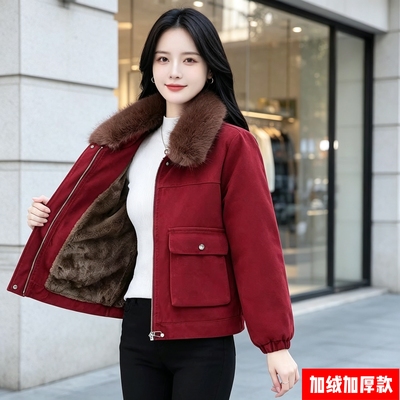 可拆卸毛领加绒款短外套秋冬季新款韩系宽松大码胖mm加厚卫衣女装