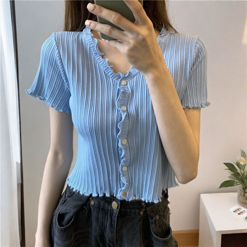 甜辣韩系木耳边V领短袖针织开衫女夏季小个子bm修身短款上衣ins潮