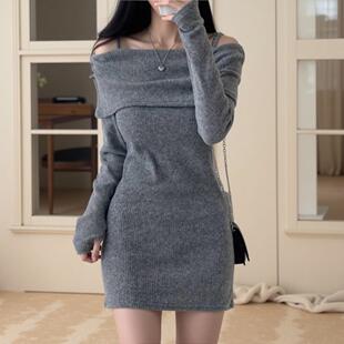 韩国chic春秋小个子性感露肩吊带翻领修身 收腰针织连衣裙包臀短裙
