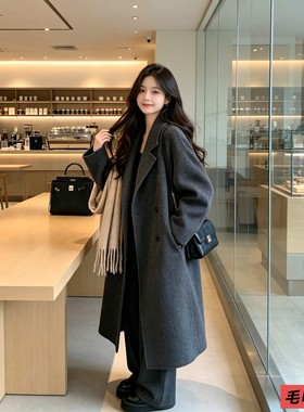 韩系赫本风仿羊绒毛呢外套女秋冬中长款时尚显瘦气质过膝呢子大衣