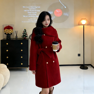 新年气质红色毛呢大衣女秋冬洋气中长款千金风双排扣收腰呢子外套