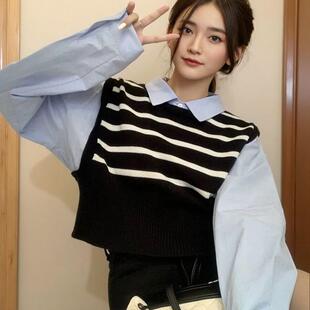 学院风Polo领拼接假两件条纹针织衫秋冬女款设计感显瘦打底衫上衣